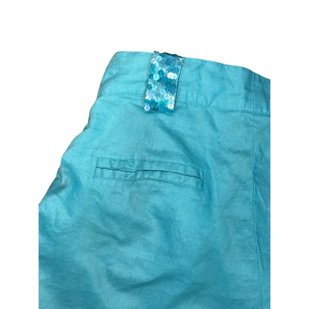 Vintage Aqua Linen Sequin Trim‎ Shorts High Waist Pleated Walking Shorts Mermaid